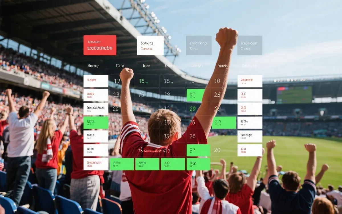 球迷为比赛欢呼与赛程叠加示意